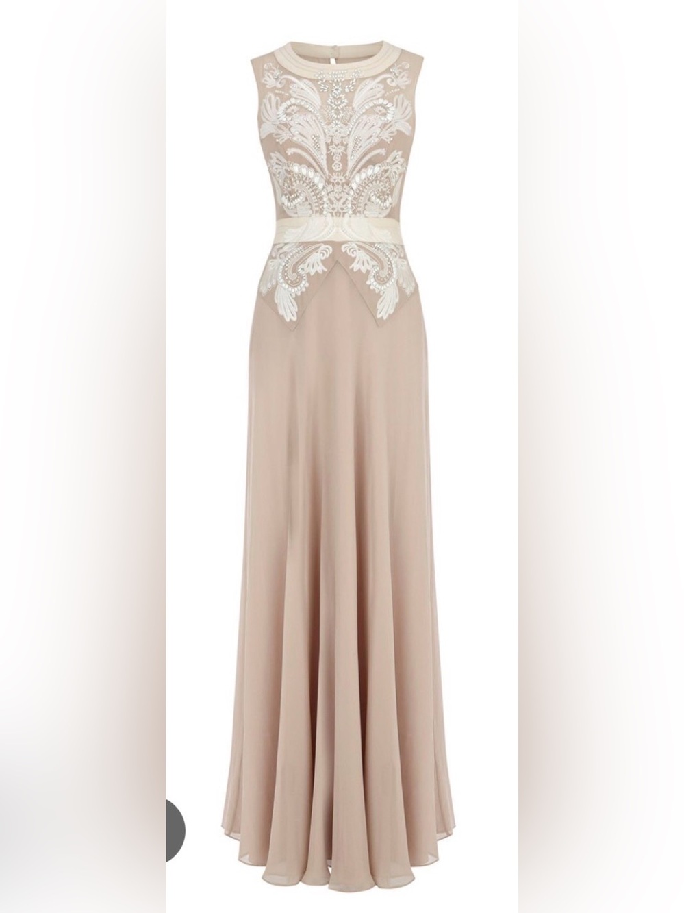 Karen Millen Beige Silk Maxi Dress with White Lace & Bead Accent B133 - Picture 1 of 9